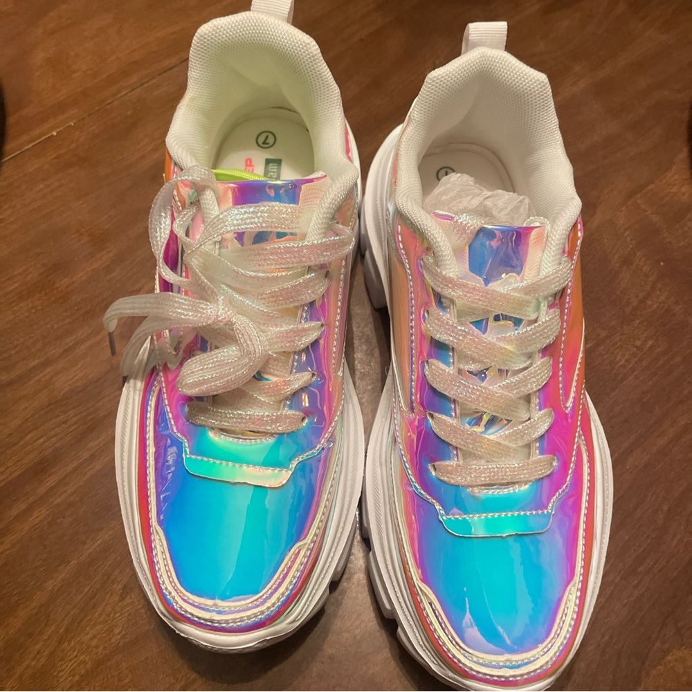 Unicorn Pastel Holographic Lace Up Sneakers Lucky Step Size 7 Platform Kicks